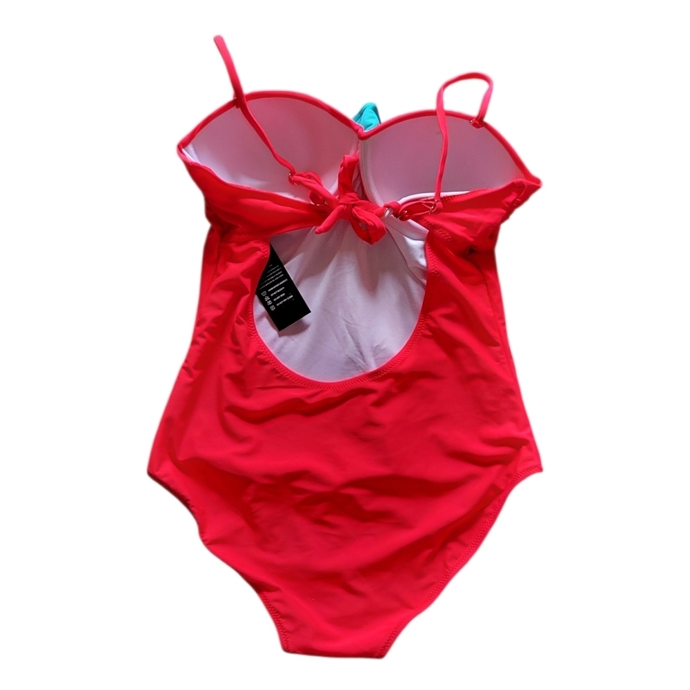 Classic Red One-Piece Swimsuit with Teal Ruffle Detail - Picture 6 of 7
